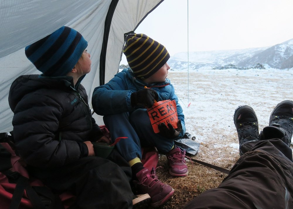 children in tents eat real hiking food